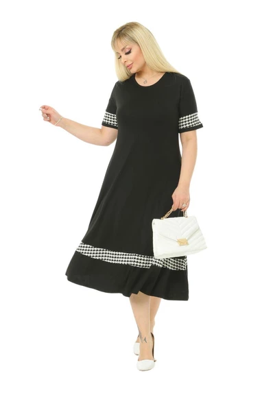 Melsay Butik Kazayağı Şerit Detaylı Kadın Büyük Beden Midi Elbise - 4