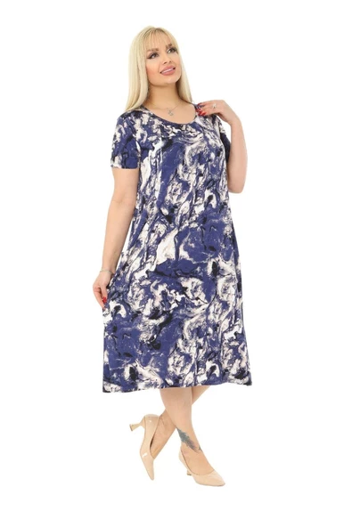 Melsay Butik Mavi Batik Kuplu Cepli Kısa Kol Kadın Midi Elbise - 3