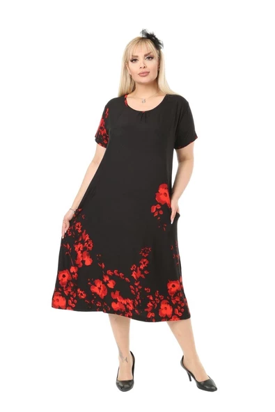 Melsay Butik Gelincik Desen Cepli Kısa Kol Kadın Midi Elbise - Resim 4