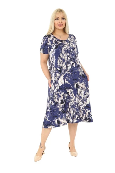 Melsay Butik Mavi Batik Kuplu Cepli Kısa Kol Kadın Midi Elbise - 2