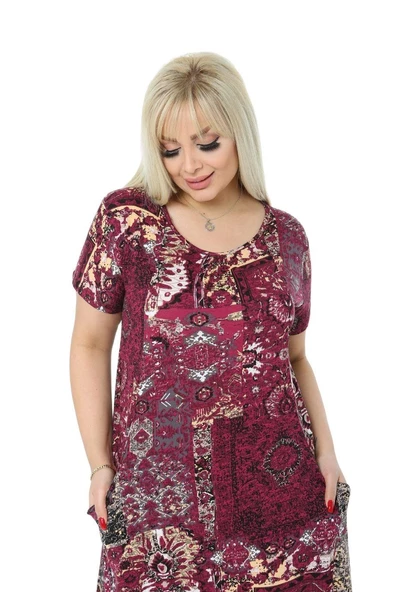 Melsay Butik Bordo Etnik Kuplu Cepli Kısa Kol Kadın Midi Elbise - Resim 4
