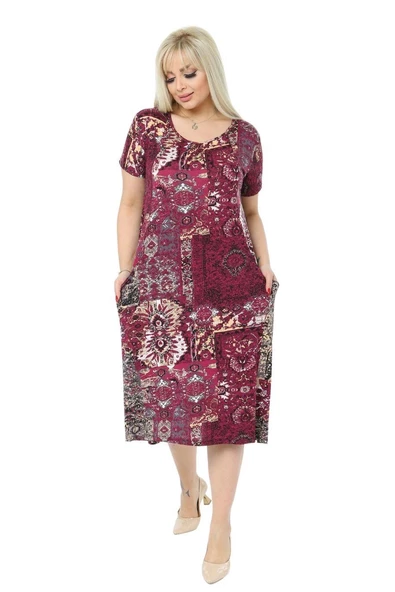 Melsay Butik Bordo Etnik Kuplu Cepli Kısa Kol Kadın Midi Elbise - Resim 5