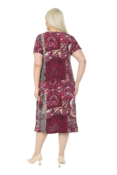 Melsay Butik Bordo Etnik Kuplu Cepli Kısa Kol Kadın Midi Elbise - Resim 6