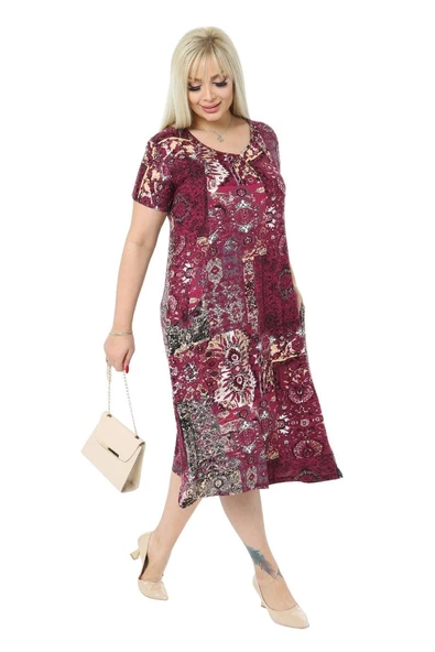 Melsay Butik Bordo Etnik Kuplu Cepli Kısa Kol Kadın Midi Elbise - Resim 2