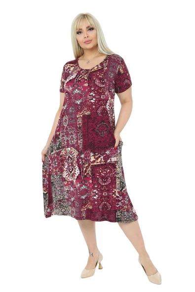Melsay Butik Bordo Etnik Kuplu Cepli Kısa Kol Kadın Midi Elbise - Resim 3