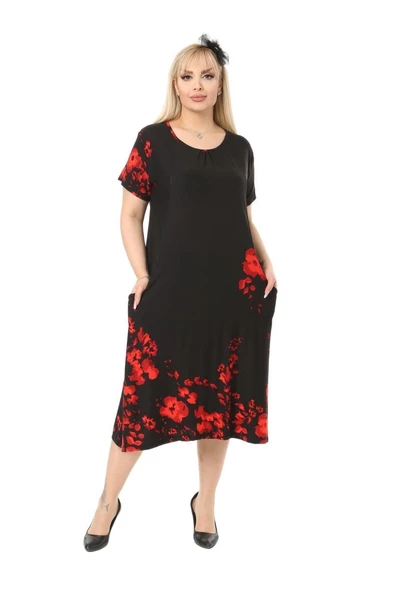 Melsay Butik Gelincik Desen Cepli Kısa Kol Kadın Midi Elbise - Resim 2