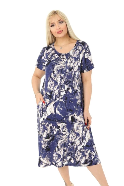 Melsay Butik Mavi Batik Kuplu Cepli Kısa Kol Kadın Midi Elbise - 6