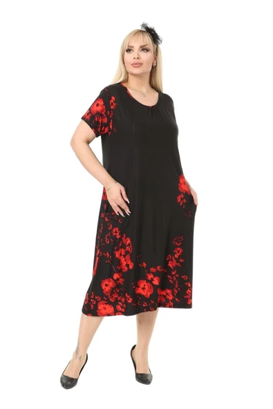 Melsay Butik Gelincik Desen Cepli Kısa Kol Kadın Midi Elbise - Resim 3