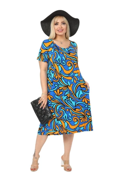 Melsay Butik Turkuaz Jungle Cepli Kısa Kol Kadın Midi Elbise - Resim 2