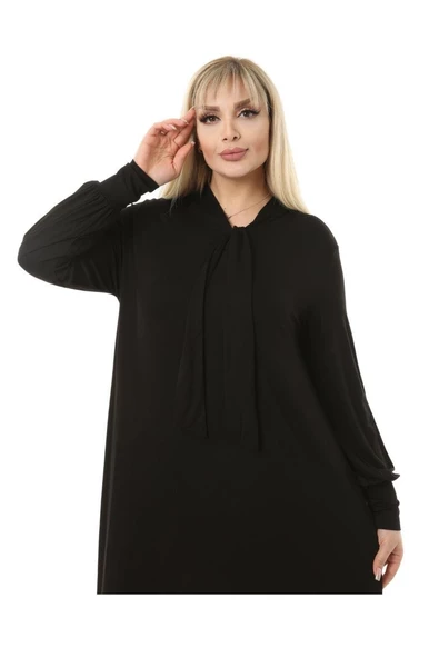 Melsay Butik Fularlı Siyah Uzun Kollu Büyük Beden Kadın Elbise - 2