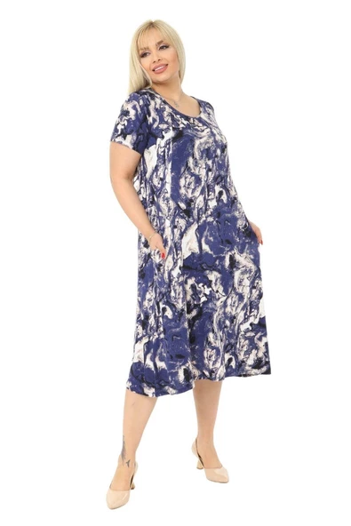Melsay Butik Mavi Batik Kuplu Cepli Kısa Kol Kadın Midi Elbise - 5