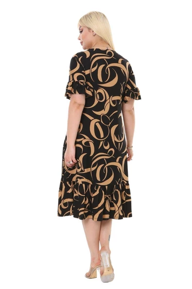 Melsay Butik Vizon Dalga Cepli Fırfırlı Kısa Kol Kadın Midi Elbise - Resim 5