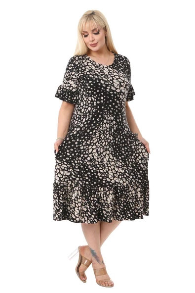 Melsay Butik Çakıltaşı Desen Cepli Fırfırlı Kısa Kol Kadın Midi Elbise - Resim 2