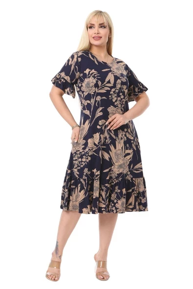 Melsay Butik Lacivert Palmiye Fırfırlı Kısa Kollu Kadın Midi Elbise - 2