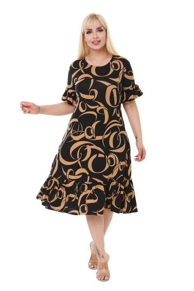 Melsay Butik Vizon Dalga Cepli Fırfırlı Kısa Kol Kadın Midi Elbise - Resim 3