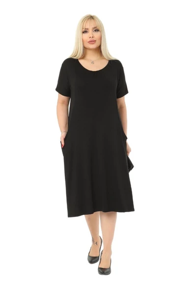 Melsay Butik Siyah Kuplu Cepli Kısa Kol Kadın Midi Elbise - 3