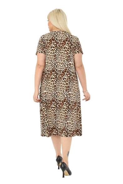 Melsay Butik Küçük Leopar Desen Cepli Kısa Kol Kadın Midi Elbise - Resim 5