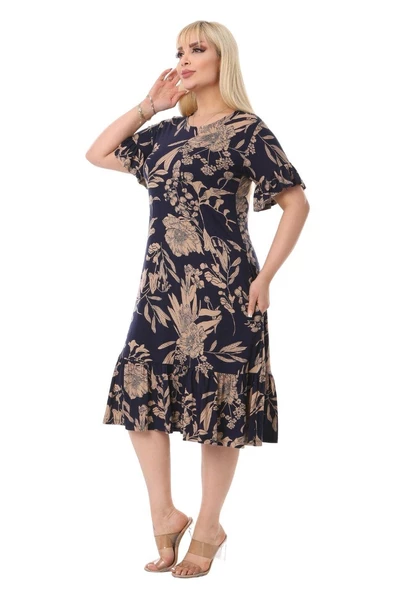 Melsay Butik Lacivert Palmiye Fırfırlı Kısa Kollu Kadın Midi Elbise - 3