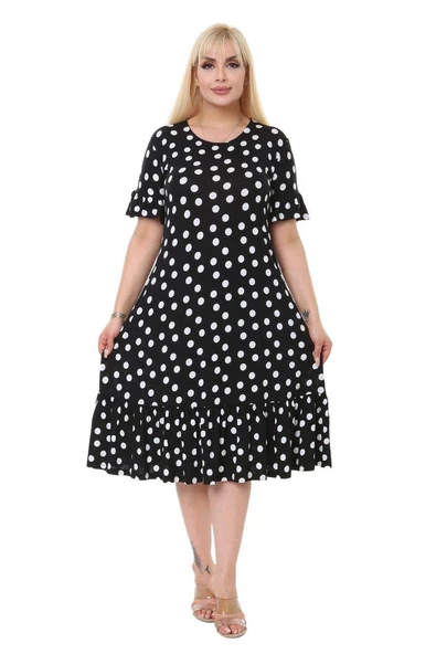 Melsay Butik Puantiye Desen Cepli Fırfırlı Kısa Kol Kadın Midi Elbise - Resim 3