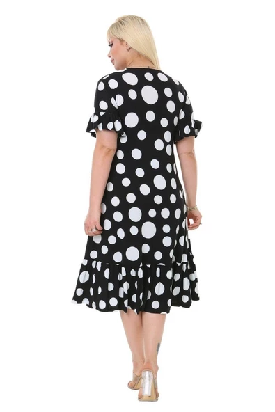 Melsay Butik Puantiye Desen Cepli Fırfırlı Kısa Kol Kadın Midi Elbise - Resim 6