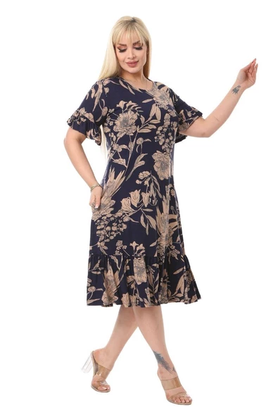 Melsay Butik Lacivert Palmiye Fırfırlı Kısa Kollu Kadın Midi Elbise - 4