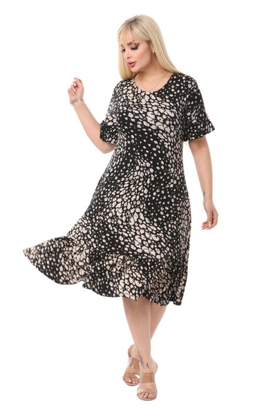 Melsay Butik Çakıltaşı Desen Cepli Fırfırlı Kısa Kol Kadın Midi Elbise - Resim 3