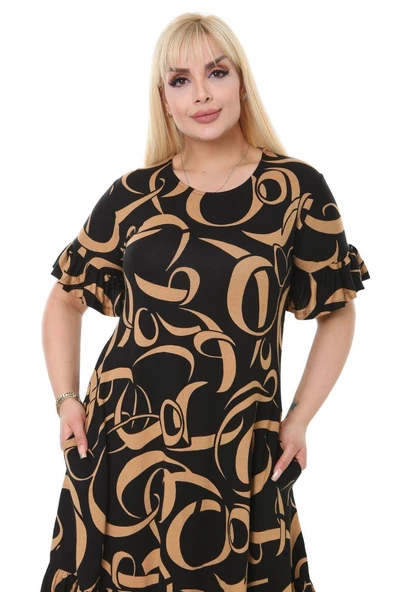 Melsay Butik Vizon Dalga Cepli Fırfırlı Kısa Kol Kadın Midi Elbise - Resim 6