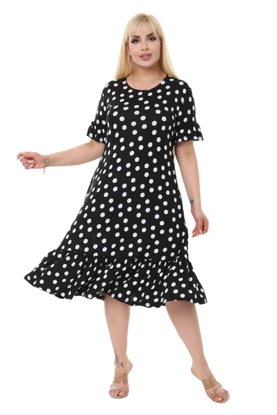 Melsay Butik Puantiye Desen Cepli Fırfırlı Kısa Kol Kadın Midi Elbise - Resim 2