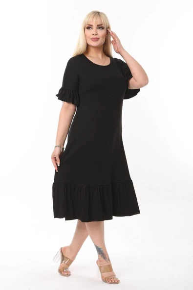 Melsay Butik Cepli Fırfırlı Siyah Kısa Kollu Kadın Midi Elbise - Resim 4