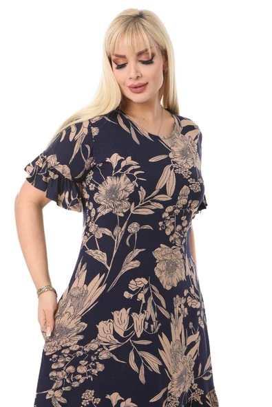 Melsay Butik Lacivert Palmiye Fırfırlı Kısa Kollu Kadın Midi Elbise - 6