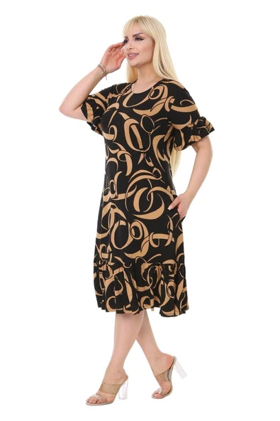 Melsay Butik Vizon Dalga Cepli Fırfırlı Kısa Kol Kadın Midi Elbise - Resim 4