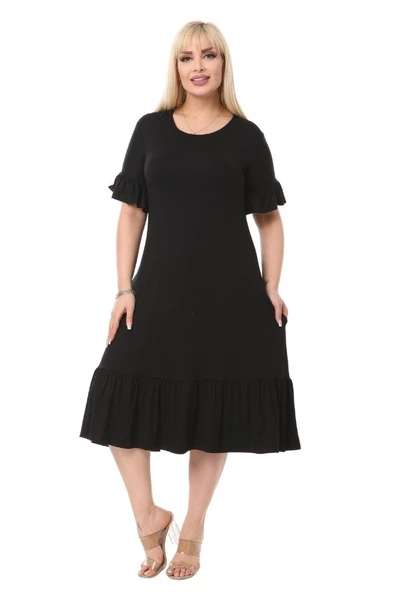 Melsay Butik Cepli Fırfırlı Siyah Kısa Kollu Kadın Midi Elbise - Resim 2