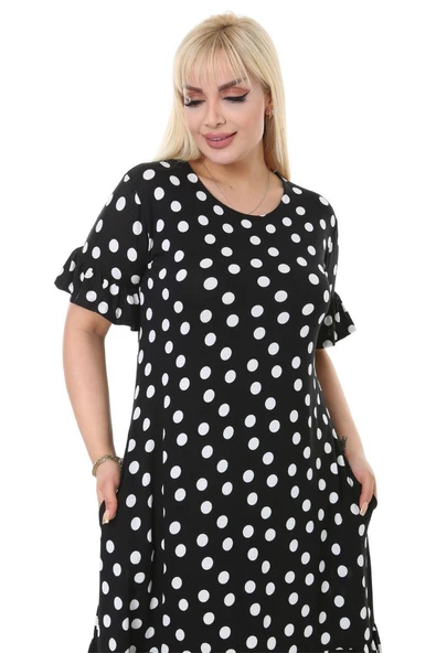 Melsay Butik Puantiye Desen Cepli Fırfırlı Kısa Kol Kadın Midi Elbise - Resim 6