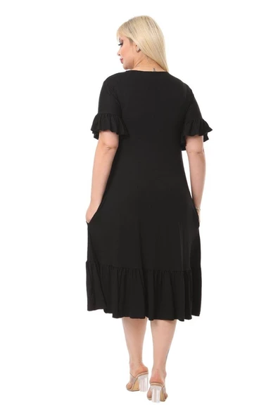 Melsay Butik Cepli Fırfırlı Siyah Kısa Kollu Kadın Midi Elbise - Resim 5