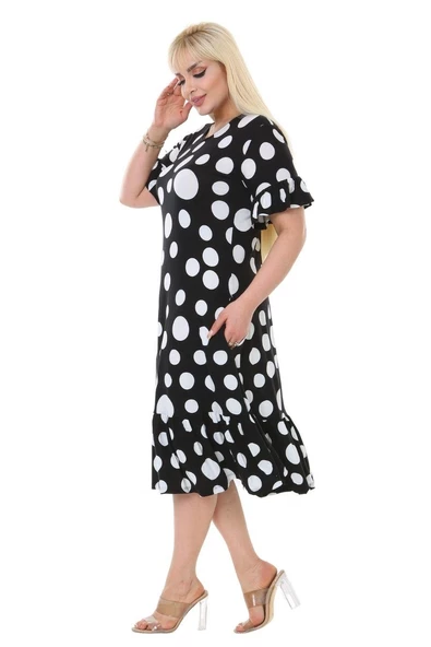 Melsay Butik Puantiye Desen Cepli Fırfırlı Kısa Kol Kadın Midi Elbise - Resim 5