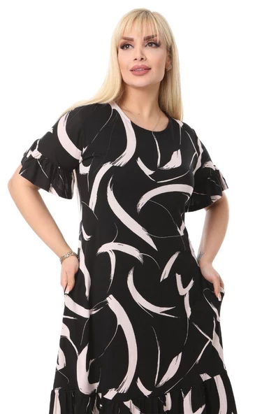 Melsay Butik Tüy Desen Cepli Fırfırlı Kısa Kol Kadın Midi Elbise - 3
