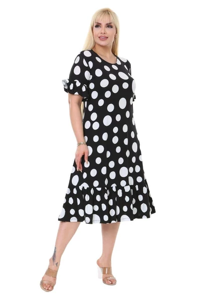 Melsay Butik Puantiye Desen Cepli Fırfırlı Kısa Kol Kadın Midi Elbise - Resim 3