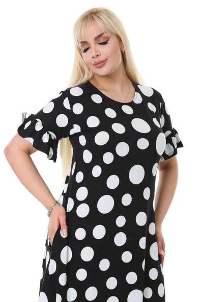 Melsay Butik Puantiye Desen Cepli Fırfırlı Kısa Kol Kadın Midi Elbise - Resim 2