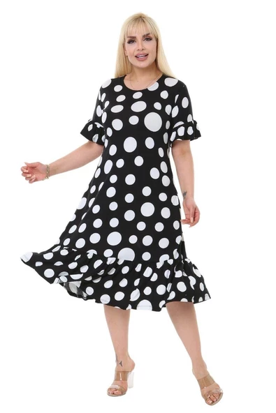 Melsay Butik Puantiye Desen Cepli Fırfırlı Kısa Kol Kadın Midi Elbise - Resim 4