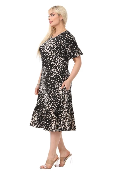 Melsay Butik Çakıltaşı Desen Cepli Fırfırlı Kısa Kol Kadın Midi Elbise - Resim 4