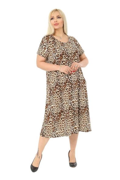Melsay Butik Küçük Leopar Desen Cepli Kısa Kol Kadın Midi Elbise - Resim 4