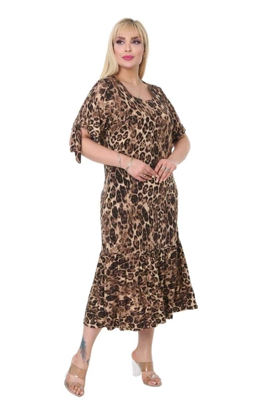 Melsay Butik Büyük Leopar Bağlamalı Kısa Kollu Kadın Midi Elbise - 2