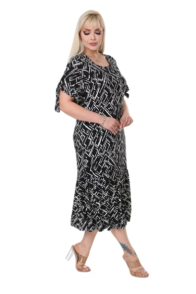 Melsay Butik Zigzag Çizgili Bağlamalı Kısa Kollu Kadın Midi Elbise - 2