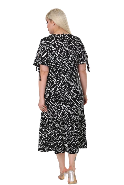 Melsay Butik Zigzag Çizgili Bağlamalı Kısa Kollu Kadın Midi Elbise - 3