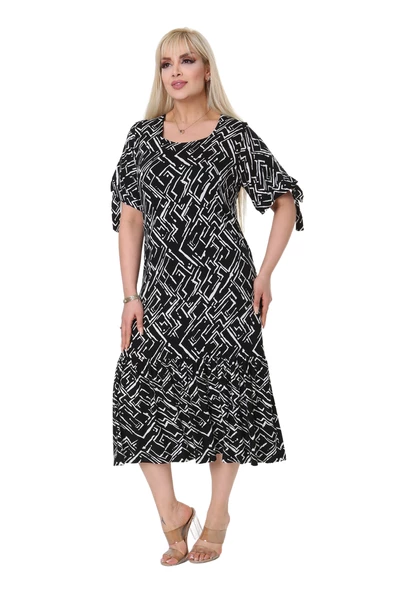 Melsay Butik Zigzag Çizgili Bağlamalı Kısa Kollu Kadın Midi Elbise - 4