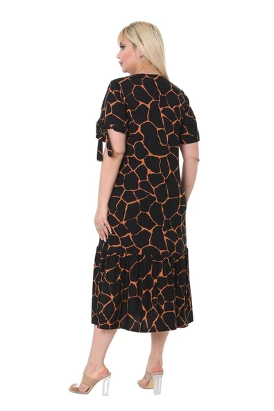 Melsay Butik Geometrik Bağlamalı Kısa Kol Siyah Kadın Midi Elbise - 4