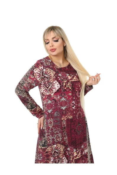 Melsay Butik Bordo Etnik Desen Kollu Kadın Uzun Tesettür Elbise - 6