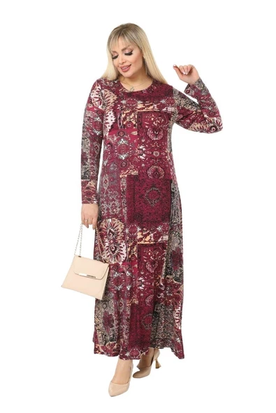 Melsay Butik Bordo Etnik Desen Kollu Kadın Uzun Tesettür Elbise - 2