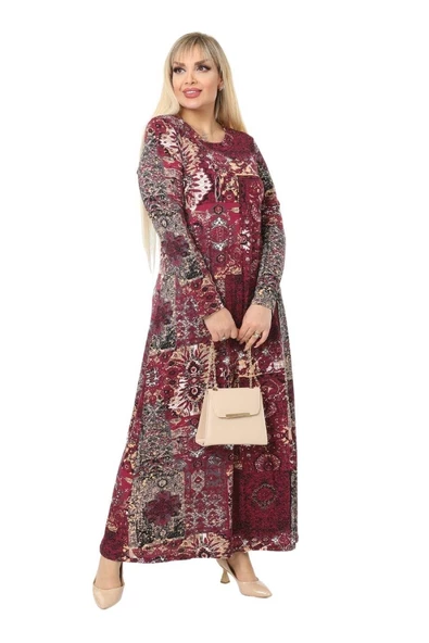 Melsay Butik Bordo Etnik Desen Kollu Kadın Uzun Tesettür Elbise - 4