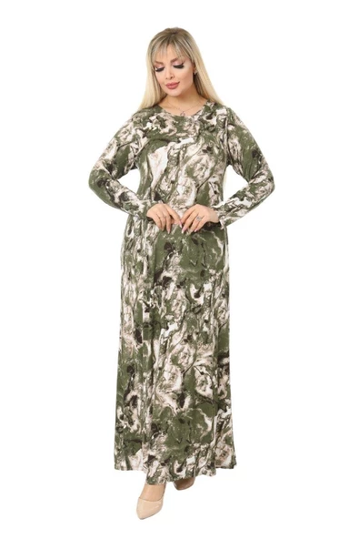 Melsay Butik Yeşil Batik Desen Kollu Kadın Uzun Tesettür Elbise - 2